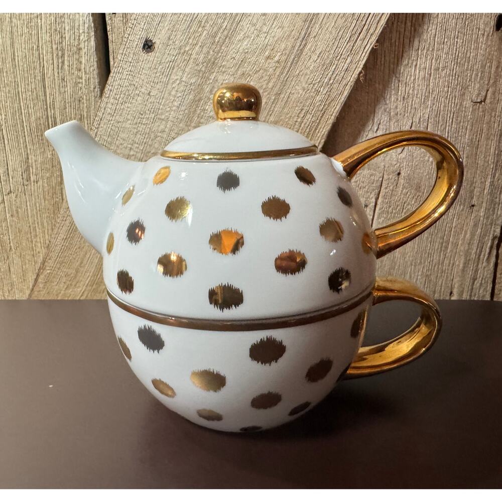 Wonder White With Gold Polka Dot Tea for One Teapot Cup Set Dishwasher Safe